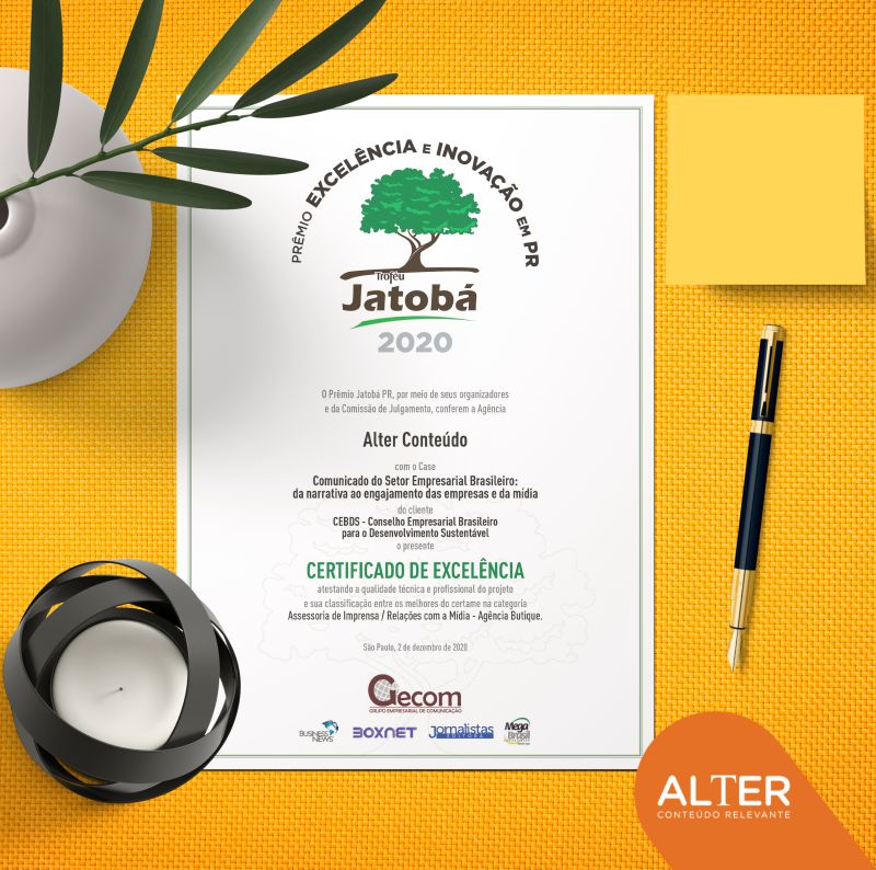 Alter recebe o Certificado de Excelência do Prêmio Jatobá